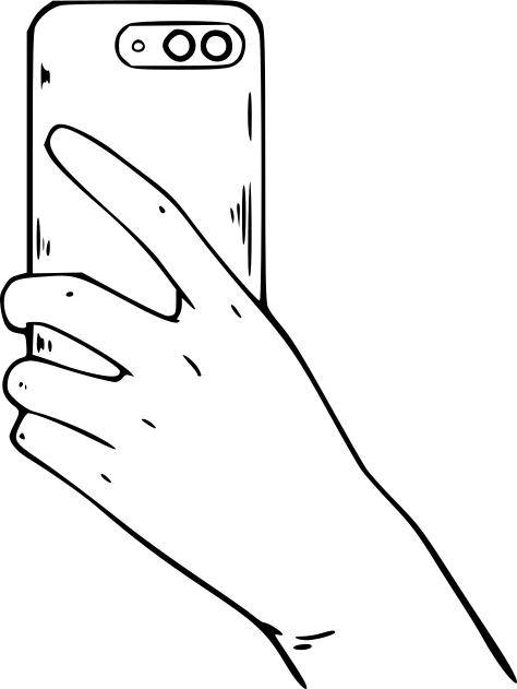 A hand holding a phone with the camera pointed at the viewer.